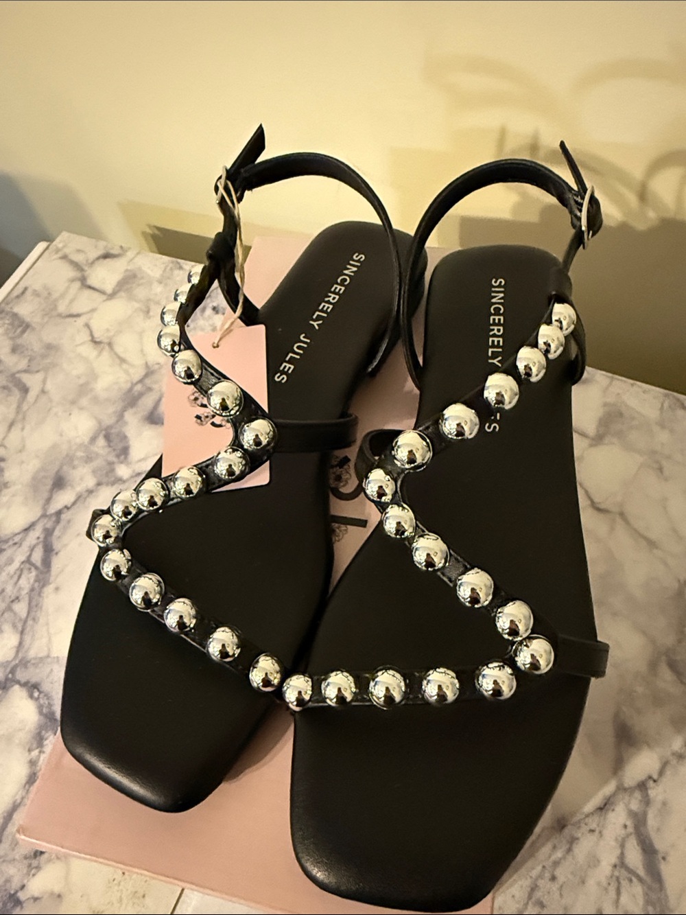 Sincerely Jules Black Sandals with Silver Bead Trim